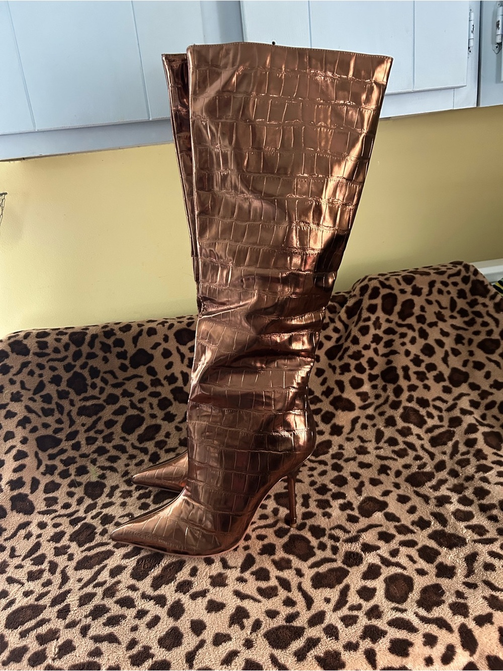 Metallic Bronze knee high Pointed Toe Boots